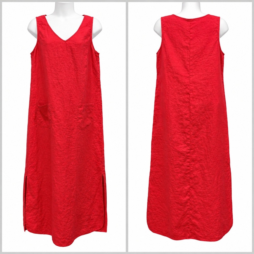 J.Jill Love Linen Red Maxi Dress Sleeveless V-Neck Pockets Side Slits Size S